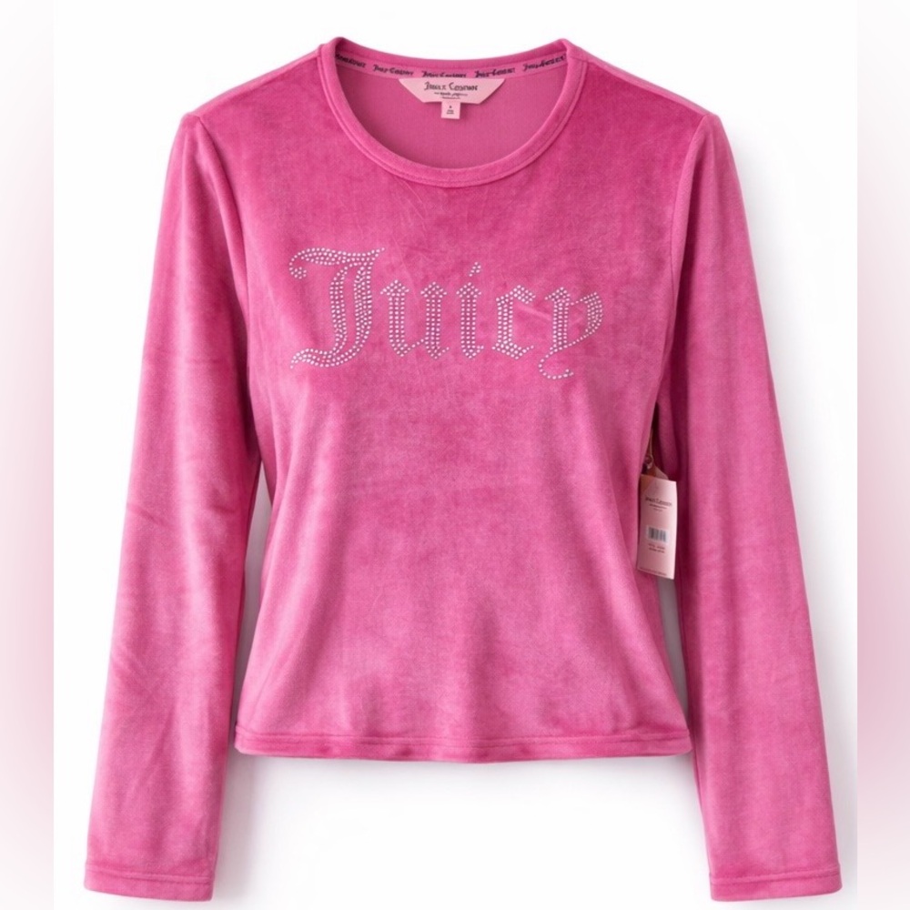 ✨ NWT Juicy Couture Velour Top Pink Rhinestone Logo Long Sleeve L Y2K